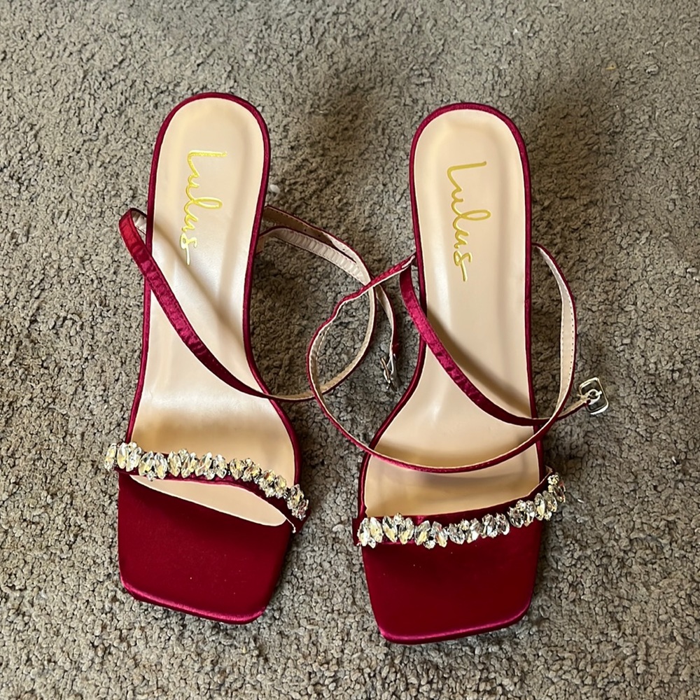 Wine-colored Lulu’s 4” heels with Crystals